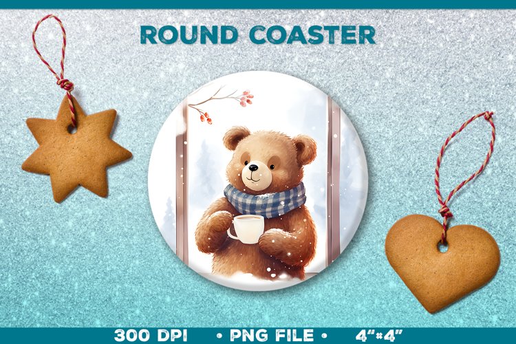 Round Christmas Coaster with Bear. Festive Round Coaster