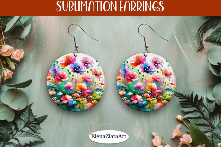 Earrings wildflowers sublimation, round earrings Flowers