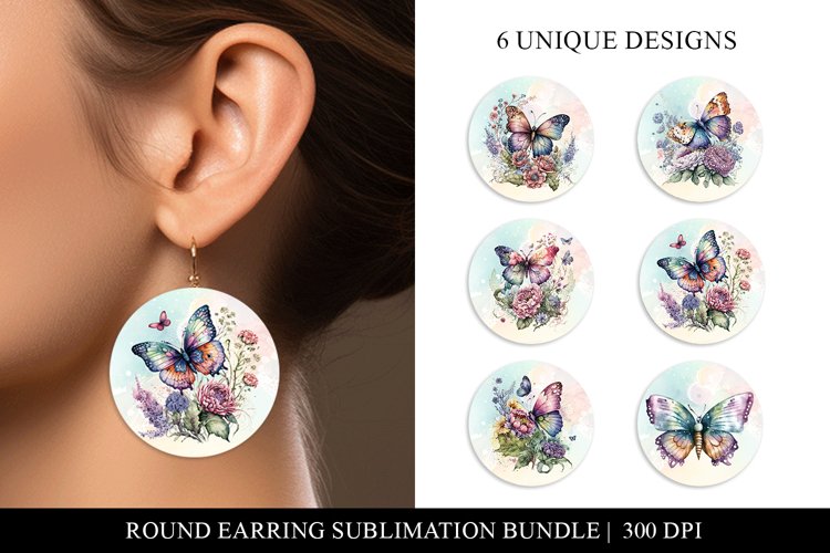 Watercolor Butterflies Round Earring Sublimation Designs
