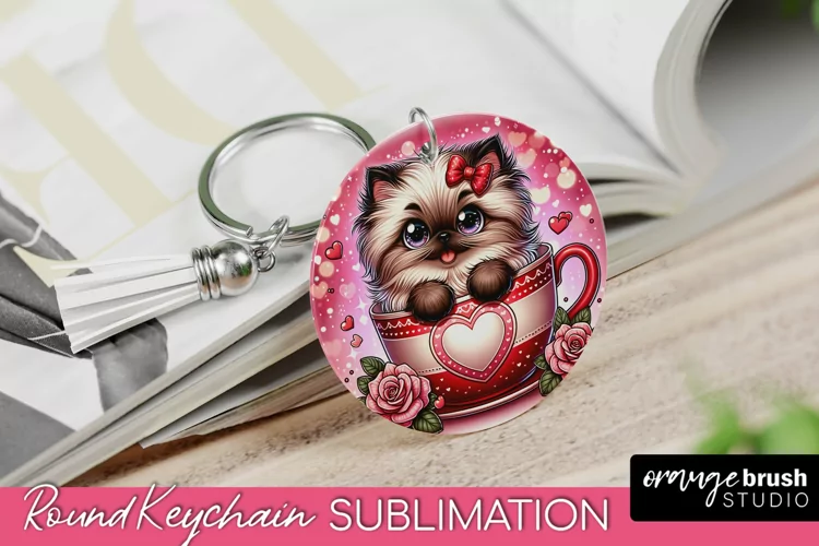 Round Keychain with Cute Cat- Valentine's Day Sublimation