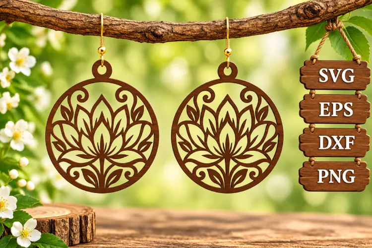 Round Lotus Earring Wood Laser SVG File