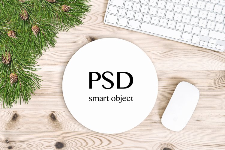 Round mouse pad mock up. Office desk keyboard Christmas decoration sublimation mockup 