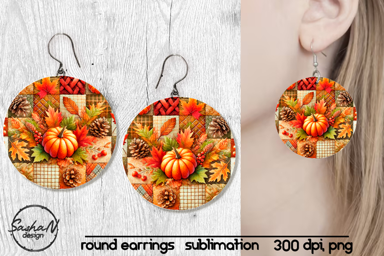 Fall patchwork round sublimation earrings