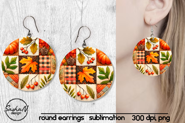 Fall patchwork round sublimation earrings