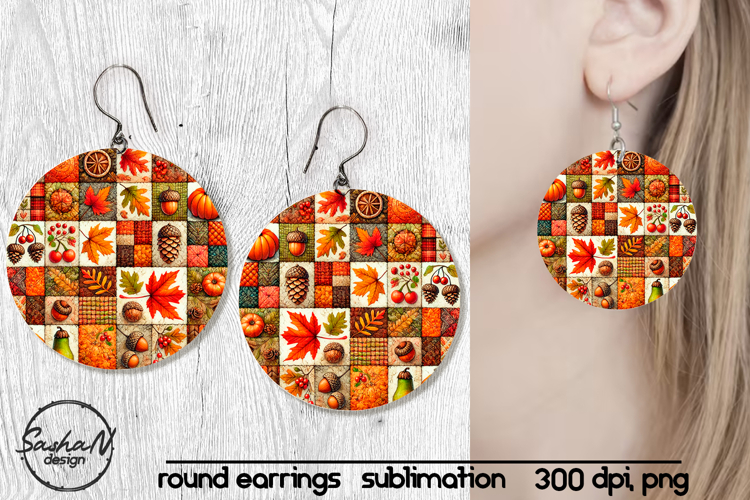 Fall patchwork round sublimation earrings