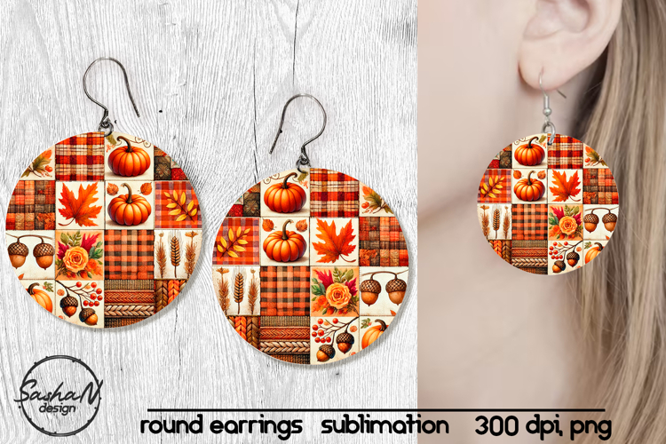 Fall patchwork round sublimation earrings