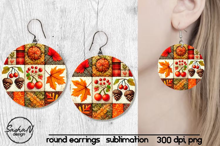 Fall patchwork round sublimation earrings