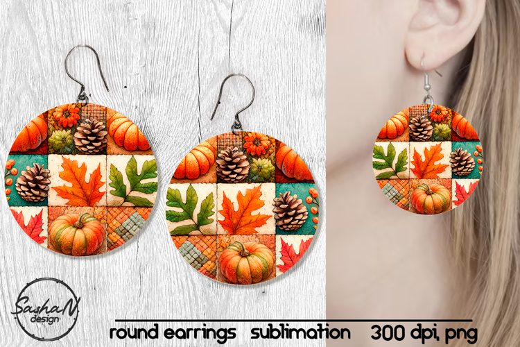 Fall patchwork round sublimation earrings