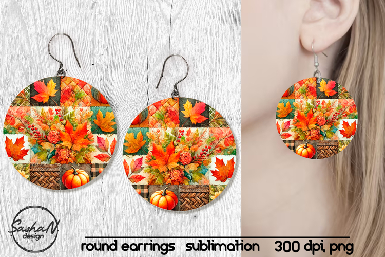 Fall patchwork round sublimation earrings