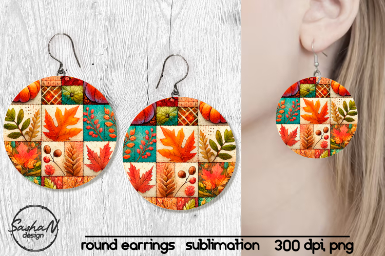 Fall patchwork round sublimation earrings
