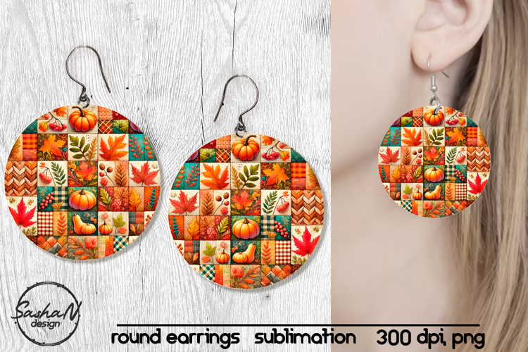 Fall patchwork round sublimation earrings