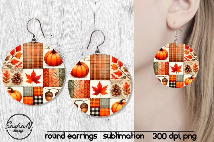 Fall patchwork round sublimation earrings