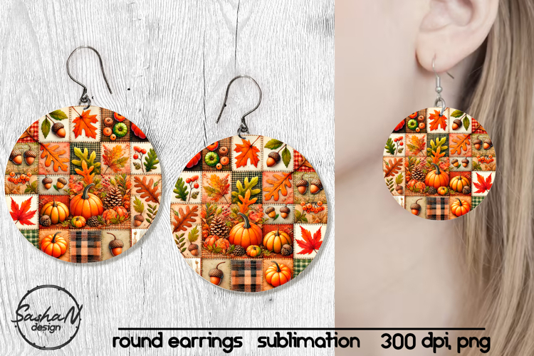Fall patchwork round sublimation earrings