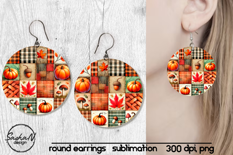 Fall patchwork round sublimation earrings