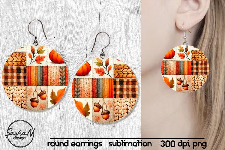 Fall patchwork round sublimation earrings