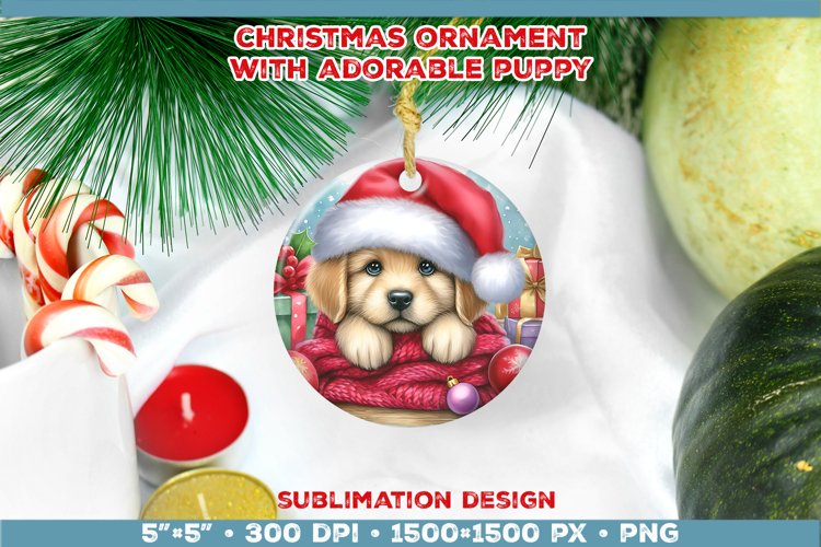 Adorable Christmas Puppy Ornament Sublimation Design example image 1