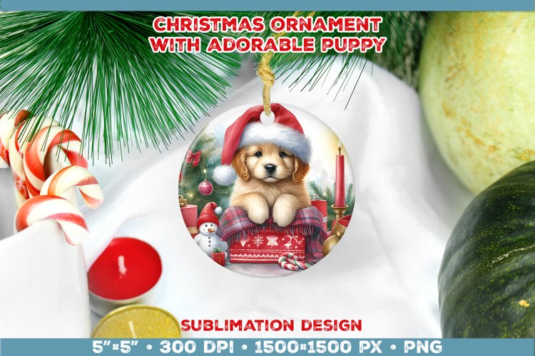 Adorable Christmas Puppy Ornament Sublimation Design example image 1