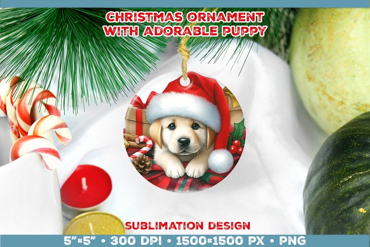 Adorable Christmas Puppy Ornament Sublimation Design example image 1