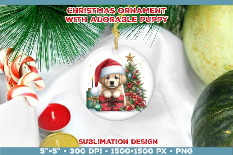 Adorable Christmas Puppy Ornament Sublimation Design example image 1