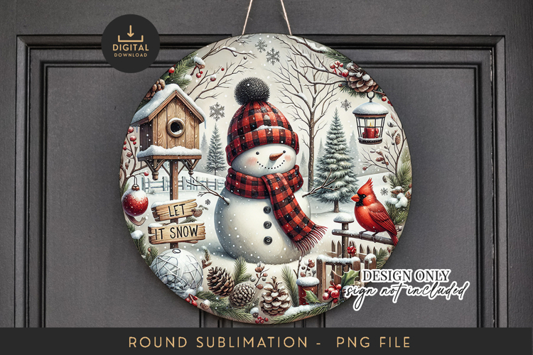 Snowman Round Sign Sublimation PNG Winter Door Hanger