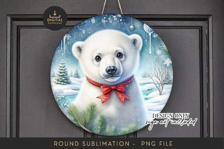 Polar Bear Cub Sublimation PNG Winter Wonderland Round Door