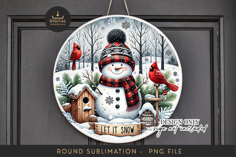 Round Sign Sublimation PNG Snowman Winter Door Hanger