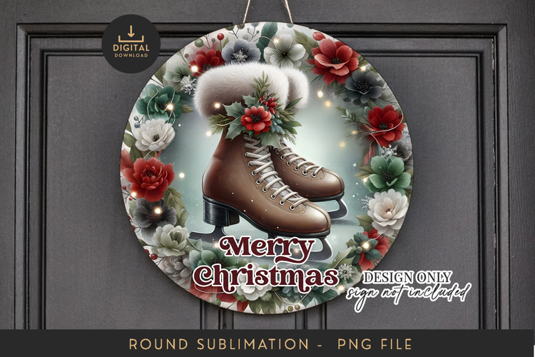 Ice Skates Sublimation PNG - Round Vintage Christmas Art