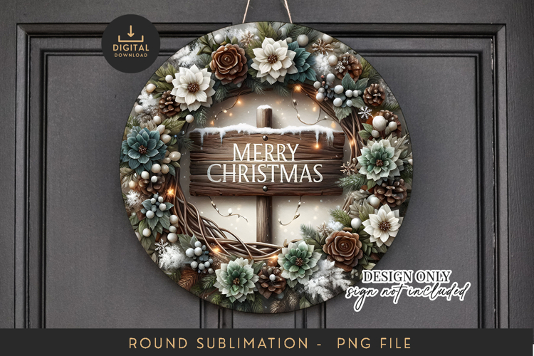 Rustic Wood Sign Sublimation PNG - Round Christmas Wreath