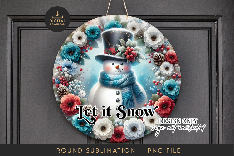 Snowman Wreath Sign Sublimation PNG - Round Winter Floral