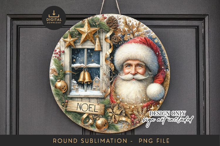 Classic Santa Sublimation PNG Christmas Window Scene Round