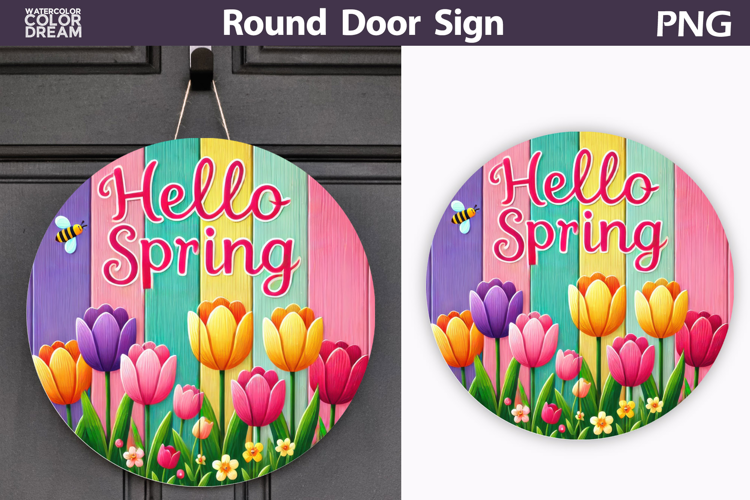 Hello Spring Round Door Sign | Tulip Round Sublimation