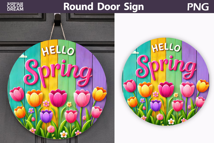 Hello Spring Round Door Sign | Tulip Round Sublimation