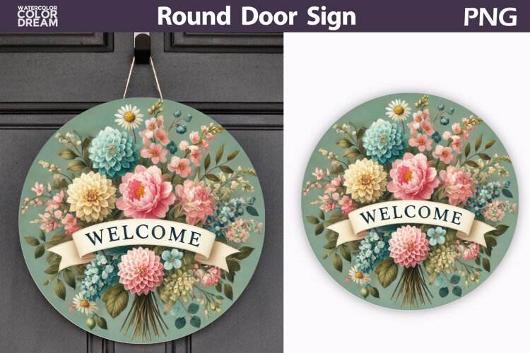 Floral Round Door Sign | Welcome Round Sublimation example image 1