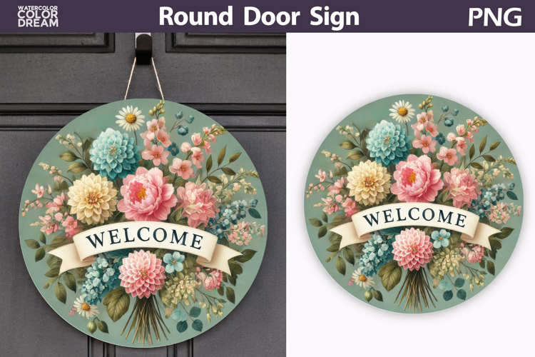 Floral Round Door Sign | Welcome Round Sublimation