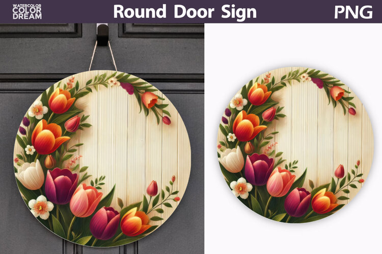 Spring Round Door Sign | Tulip Round Sublimation example image 1
