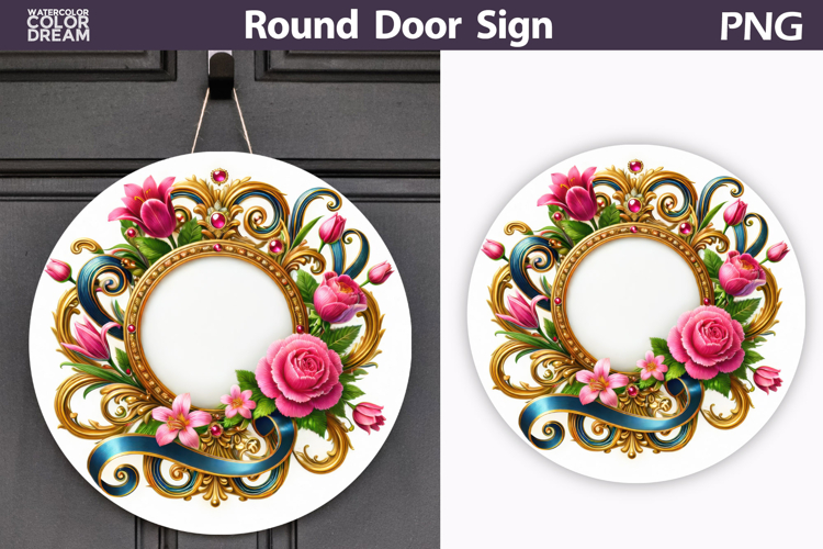 Floral Round Door Sign | Pink Flowers Round Sublimation