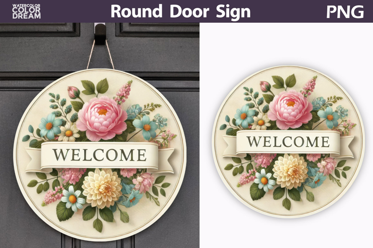 Floral Round Door Sign | Pink Flowers Round Sublimation