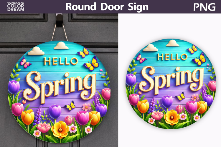 Hello Spring Round Door Sign | Tulip Round Sublimation