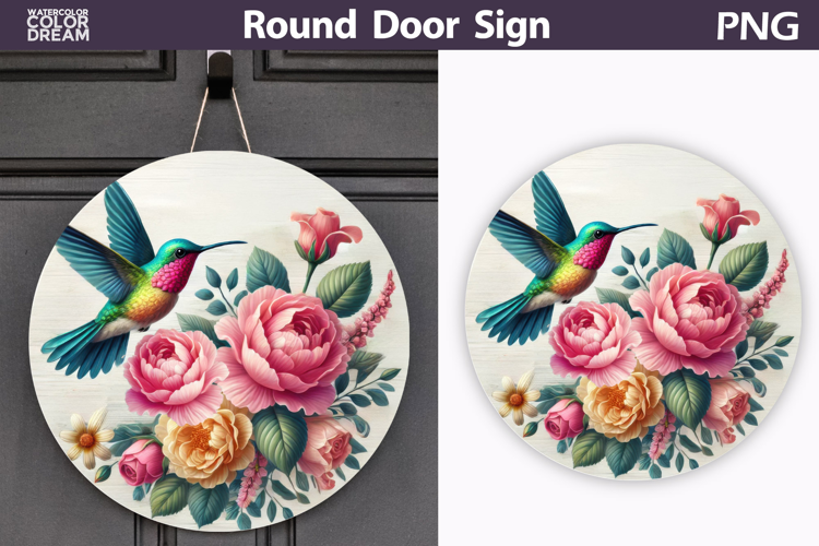 Floral Round Door Sign | Hummingbird Round Sublimation