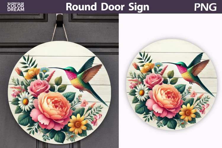 Floral Round Door Sign | Hummingbird Round Sublimation