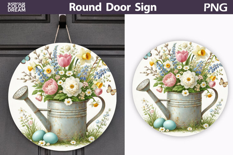 Spring Floral Round Door Sign | Easter Round Sublimation example image 1