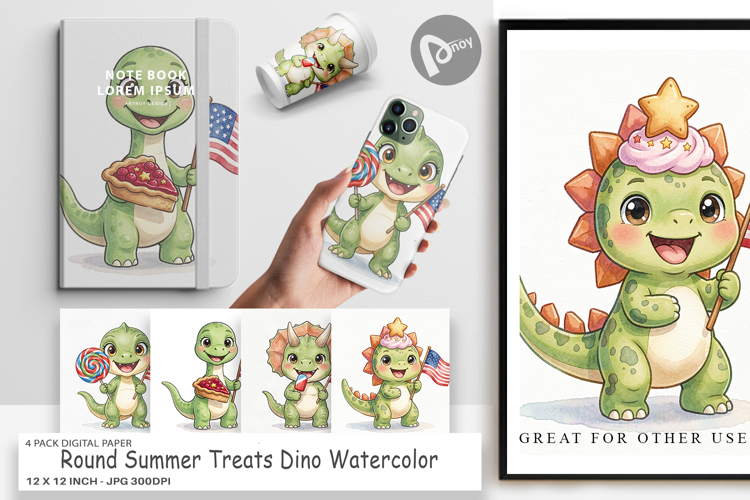 Round Summer Treats Dino Digital Paper