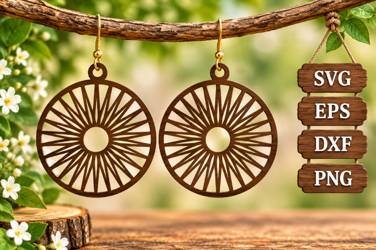 Round Sunburst Earring Geometric Wheel Mandala Hoop Laser
