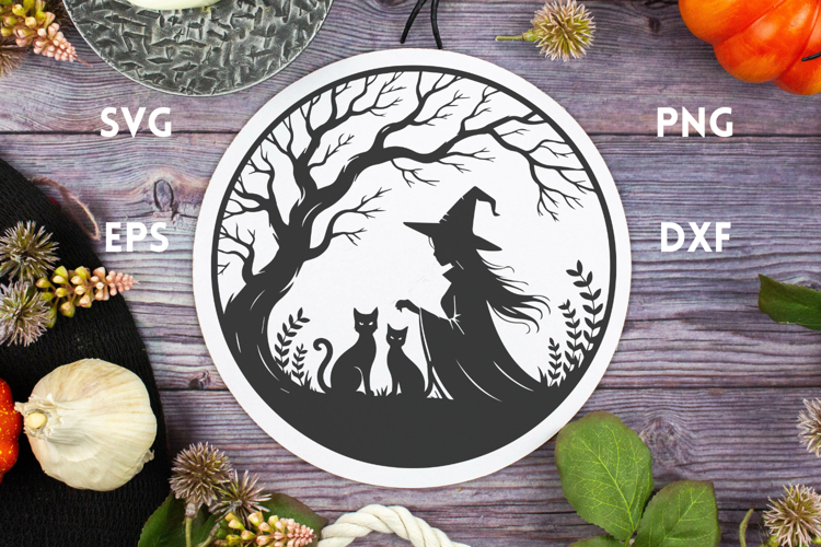 Witch with Cats and plants - Round Halloween Sign SVG