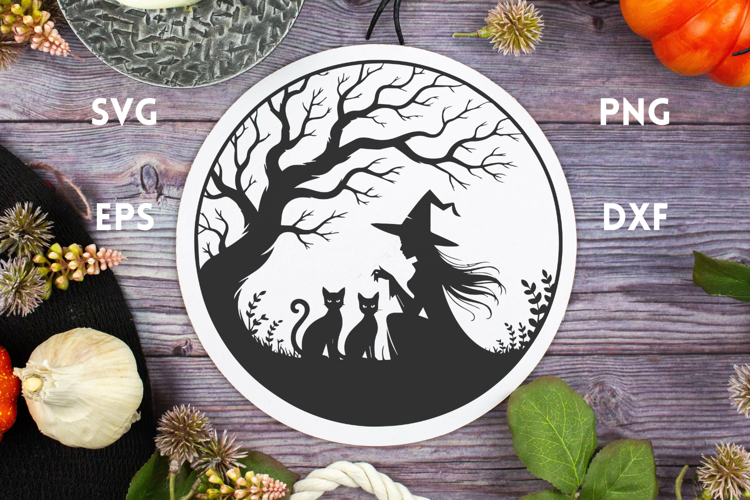 Witch with Cats - Round Halloween Sign SVG