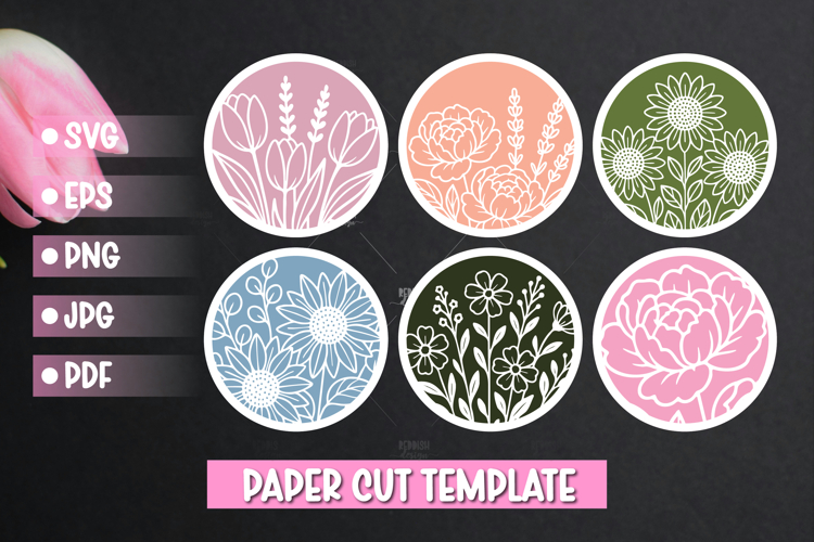 6 Flowers Paper Cut Round Sign Template