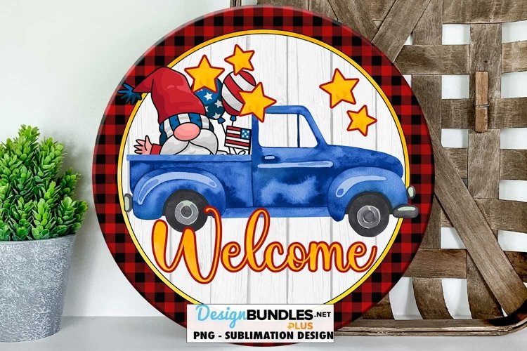July 4th Blue Truck Patriotic Gnome Round Sublimation Design example image 1