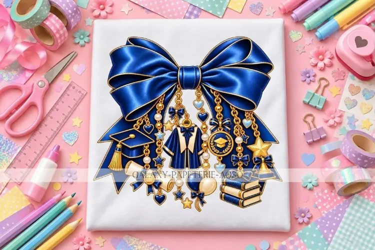 Royal Blue Graduation Bow PNG with Charms, Senior