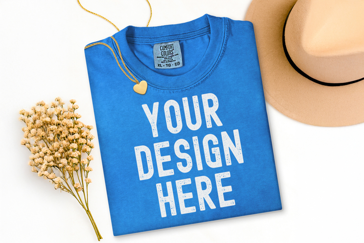 Comfort Colors C1717 Royal Caribe Shirt Mockup, Flat Lay