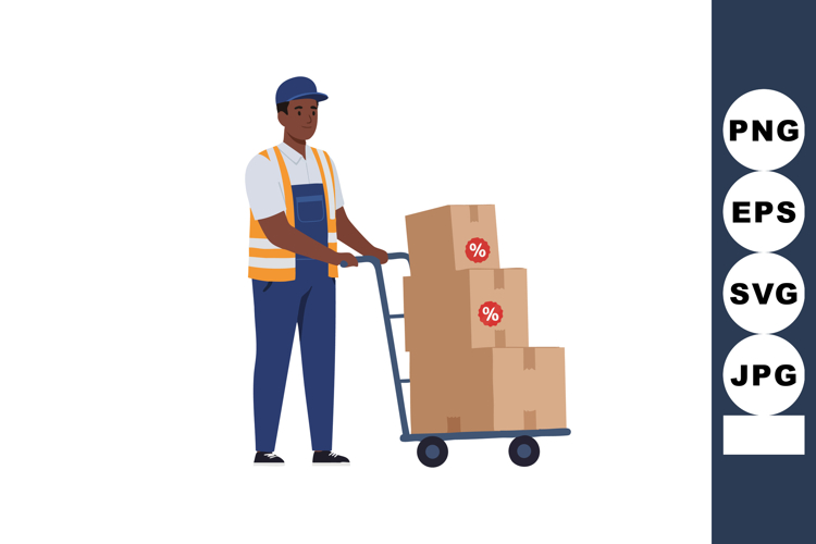 Man in safety vest pushing hand truck with discount boxes in